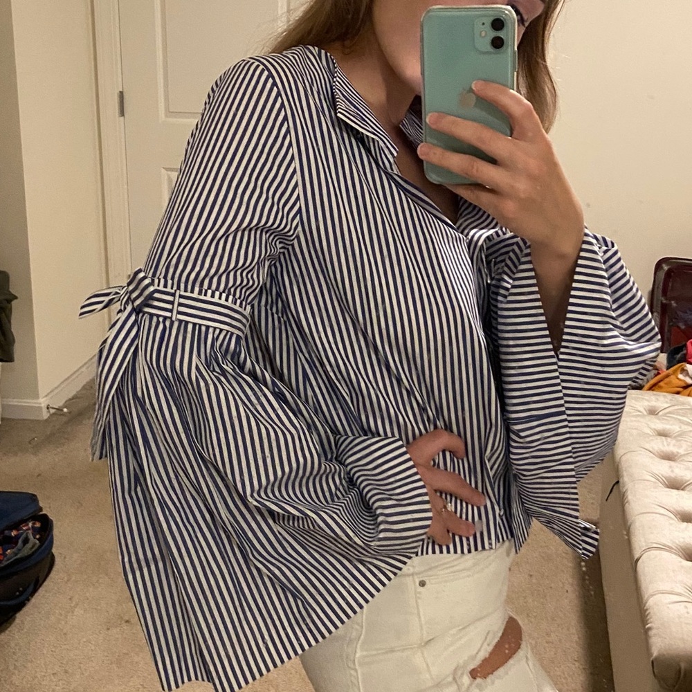 NWT Nautical Navy Stripe Bow Sleeve Blouse